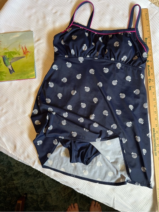 Kim Rogers Other - Kim Rogers Navy One-Piece Swimdress with White Shell Print and Pink Trim